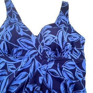 SWIM 365‎ Women's 20 Blue Tropical Leaf Print Padded One Piece Swimsuit Dress